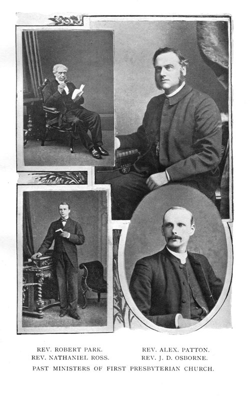 image: Past Ministers of First Presbyterian Church -- Rev. Robert Park, Rev. Alex. Patton, Rev. Nathaniel Ross, Rev. J. D. Osborne.